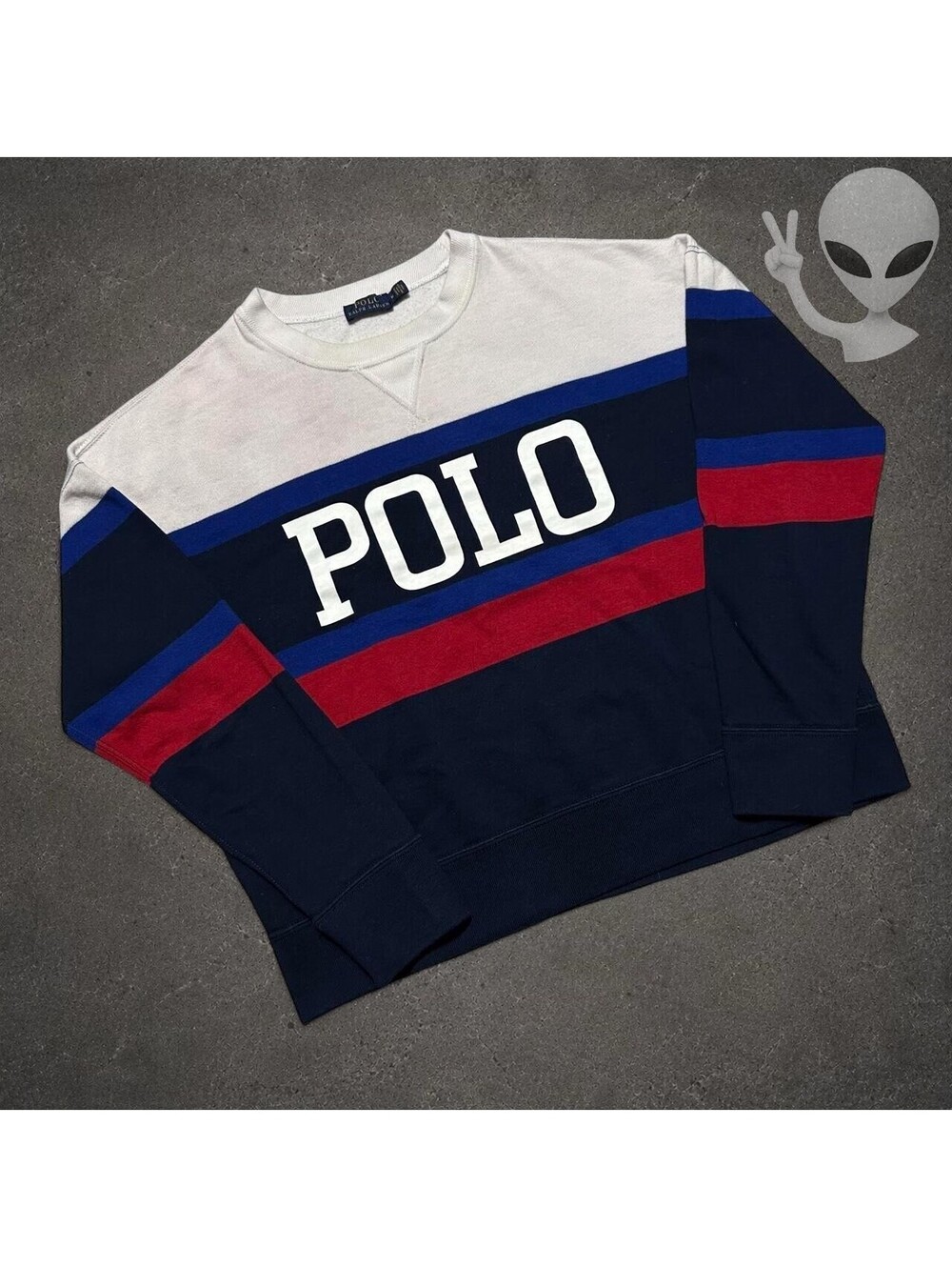 Polo Ralph Lauren Crewneck Sweatshirt Womens M Navy Blue Red White Colorblock